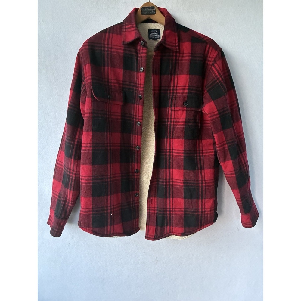 J Crew Authentic Outerwear Red Plaid‎ Button Up Fleece Shacket Mens Medium